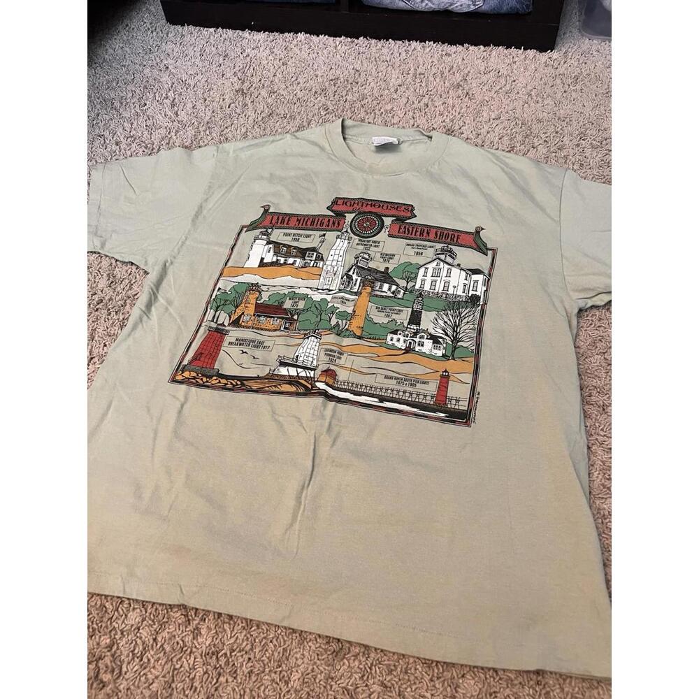 1995 Lake Michigan Eastern Shore Lighthouse Tee Green XL USA Made Single Stitch